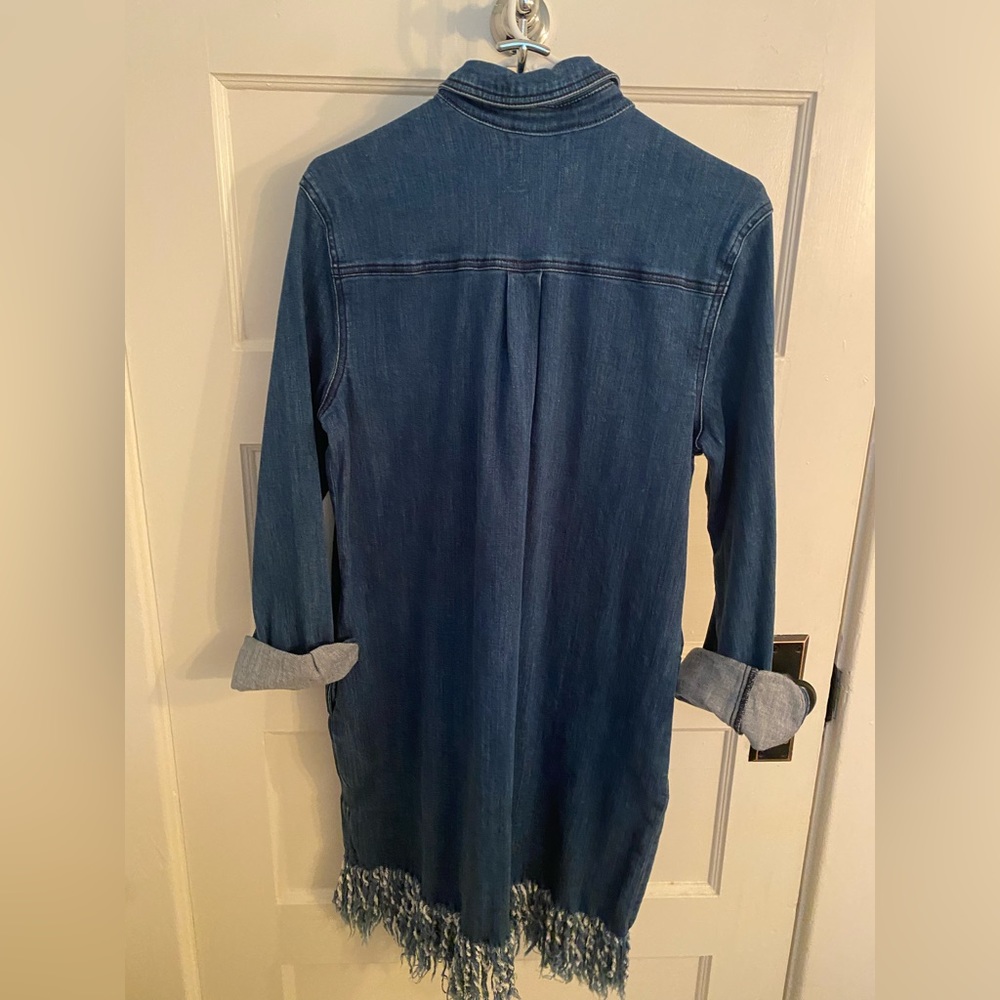Denim button up long sleeved dress with fringe trim